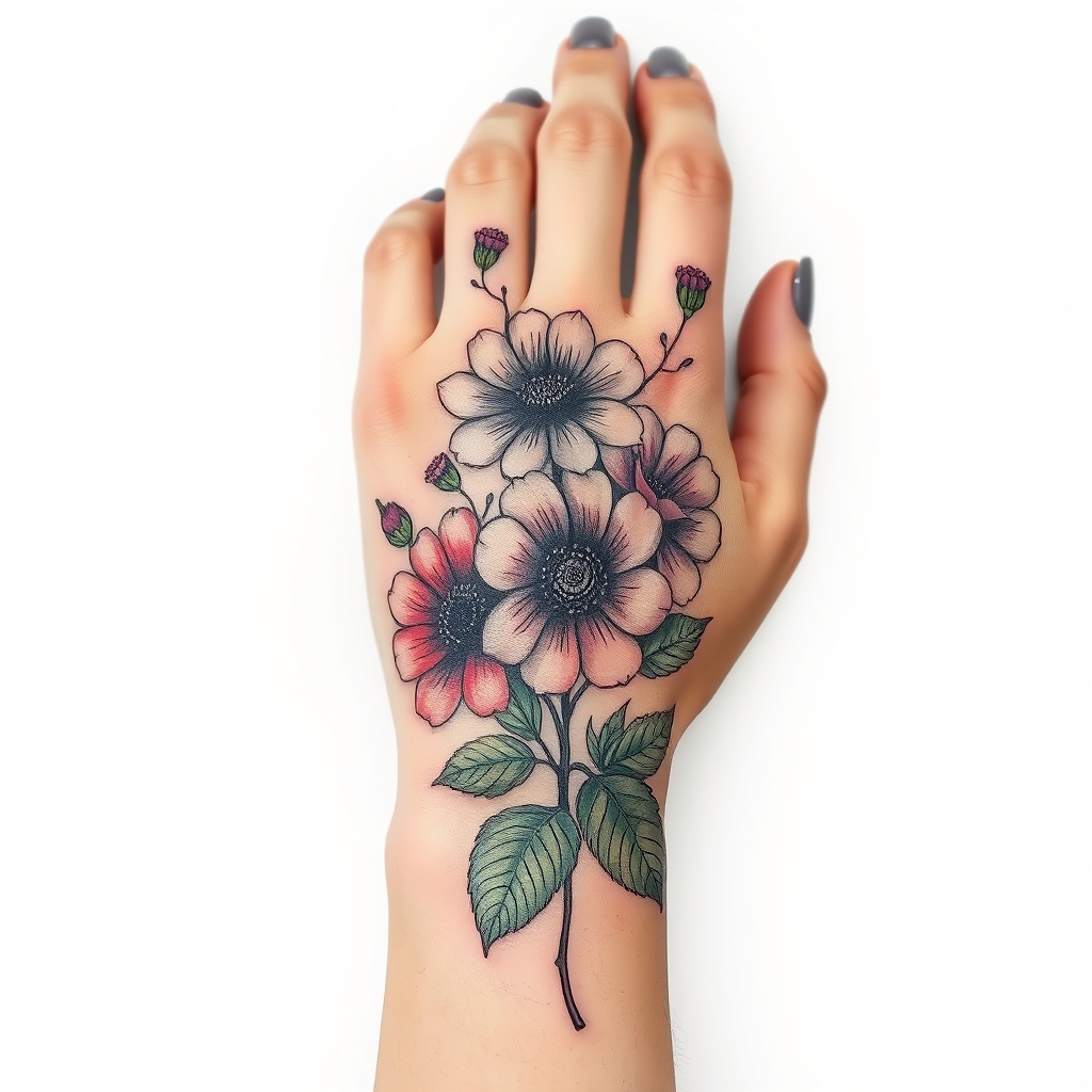 A tattoo design of flowers, granddaughter hand in the style of surrealistic. - family tattoo design generated by AI tattoo generator