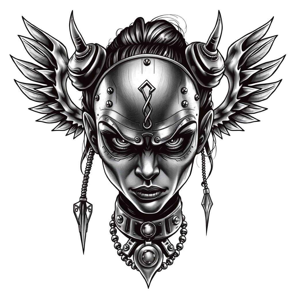 A tattoo design of Silver metal Steampunk angry girl in the style of realistic. - steampunk tattoo design generated by AI tattoo generator
