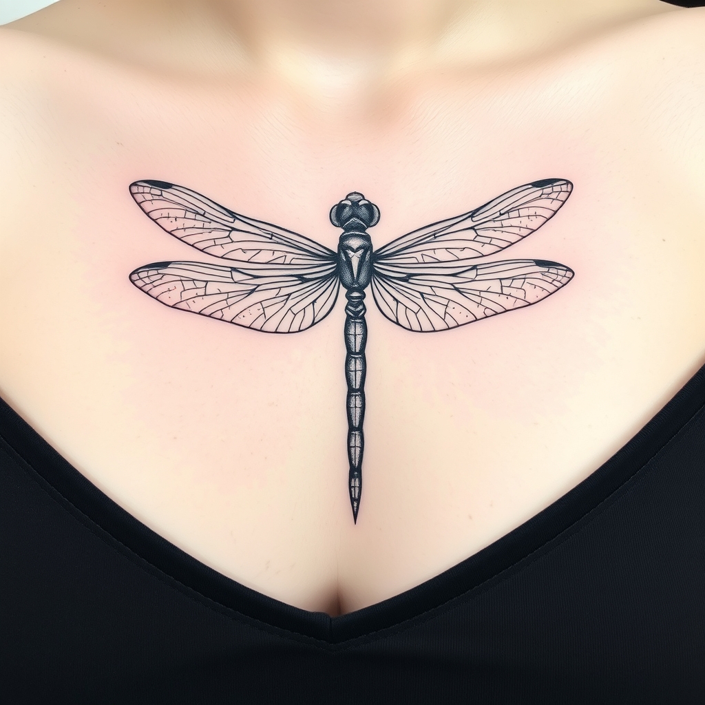 A tattoo design of Straight dragonfly with unique lines and detailing Soft andFeminine in the style of minimalist. - insect tattoo design generated by AI tattoo generator