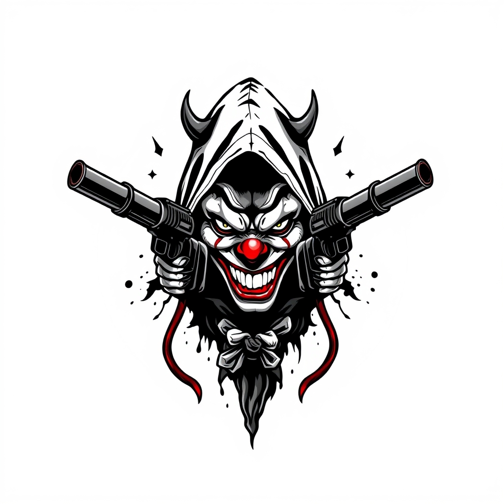 A tattoo design of 220 logo clownface guns and hood in the style of surrealistic. - cartoon character tattoo design generated by AI tattoo generator