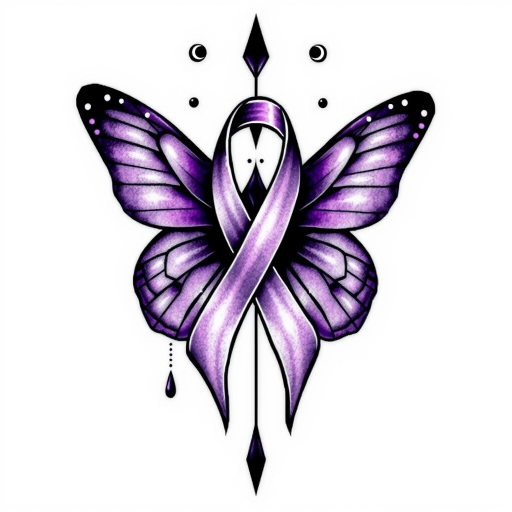 A tattoo design of  crying with the domestic awareness ribbon with a purple butterfly entwined together in the style of traditional. - awareness ribbon tattoo design generated by AI tattoo generator