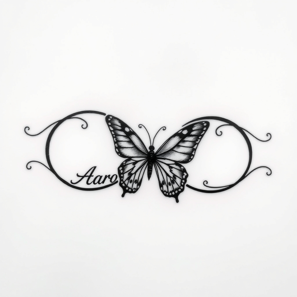 A tattoo design of Infinity symbol with the name Aaron and butterfly in the style of blackwork. - symbol and name tattoo design generated by AI tattoo generator