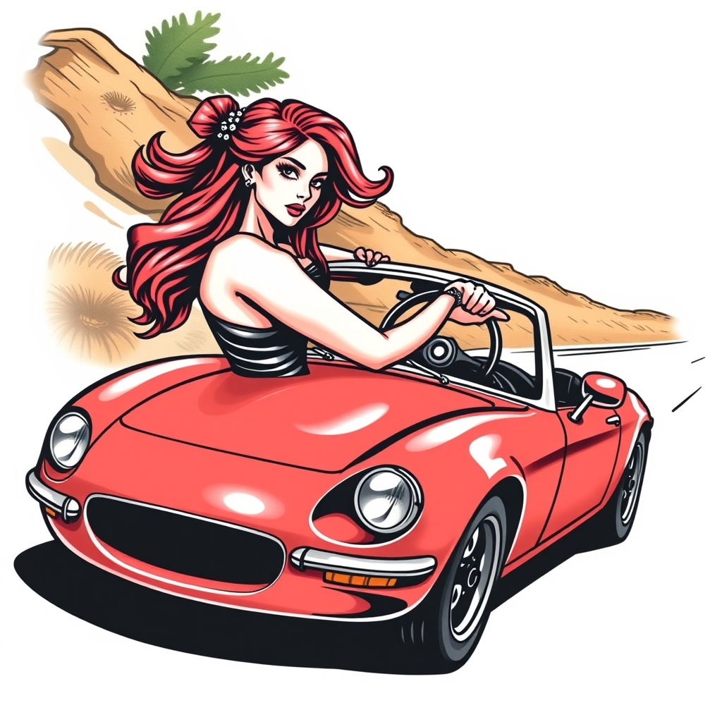 A tattoo design of Hot wife driving miata in the style of realistic. - car tattoo design generated by AI tattoo generator