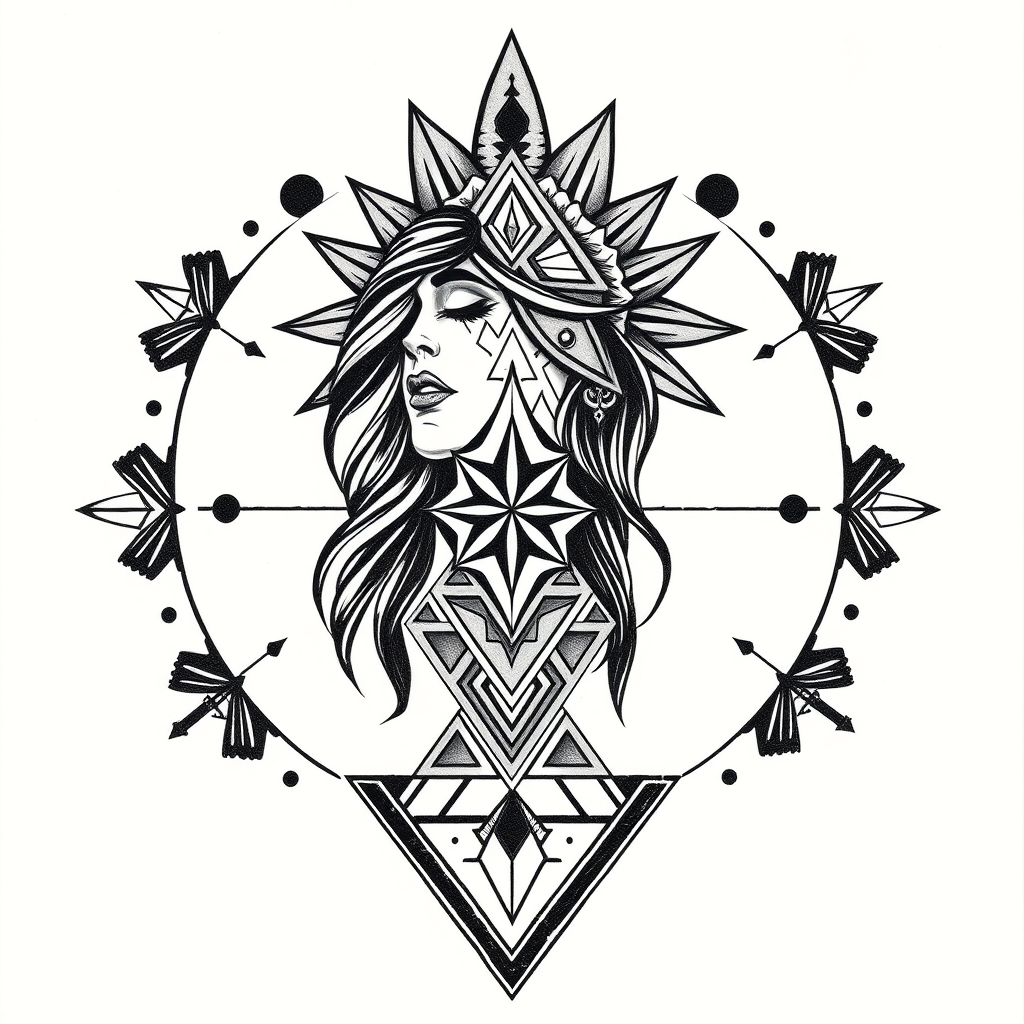 A tattoo design of South American female geometry  in the style of geometric. - geometric pattern tattoo design generated by AI tattoo generator