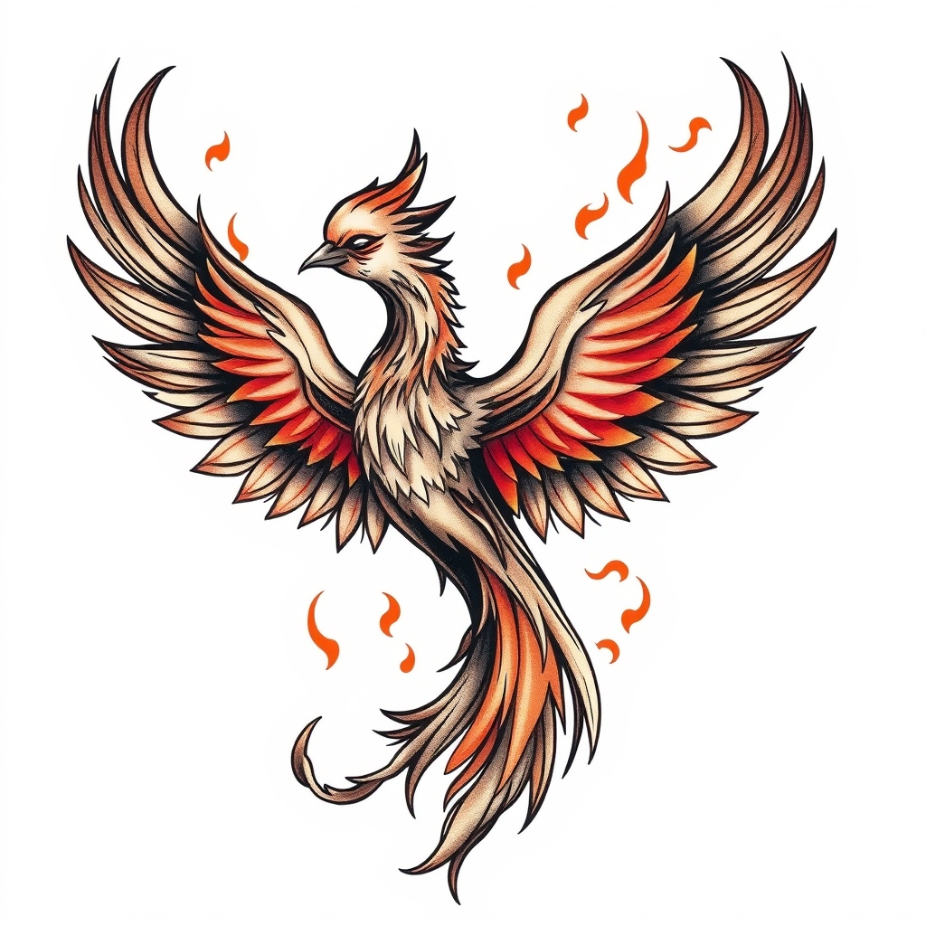 A tattoo design of pheonix, flames, whimsical in the style of realistic. - mythical creature tattoo design generated by AI tattoo generator
