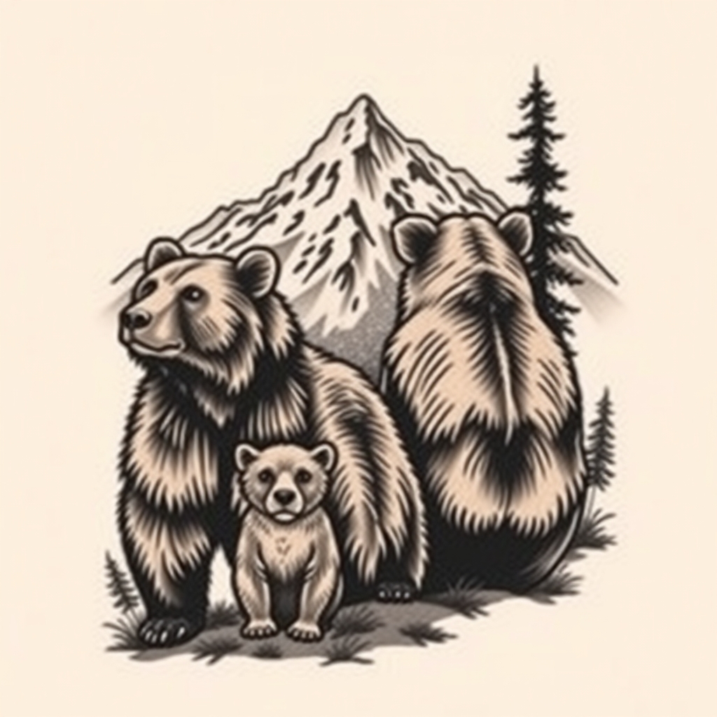 A tattoo design of Family of bears with mountain back ground in the style of realistic. - wildlife animals tattoo design generated by AI tattoo generator