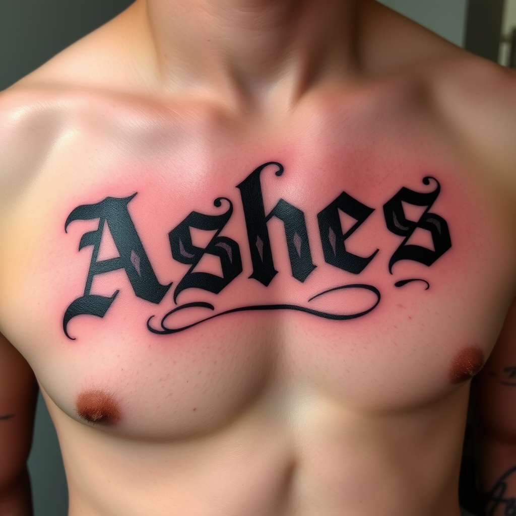 A tattoo design of Words "Ashes 222 Ashes" on left pectoralis in the style of traditional. - text or quote tattoo design generated by AI tattoo generator