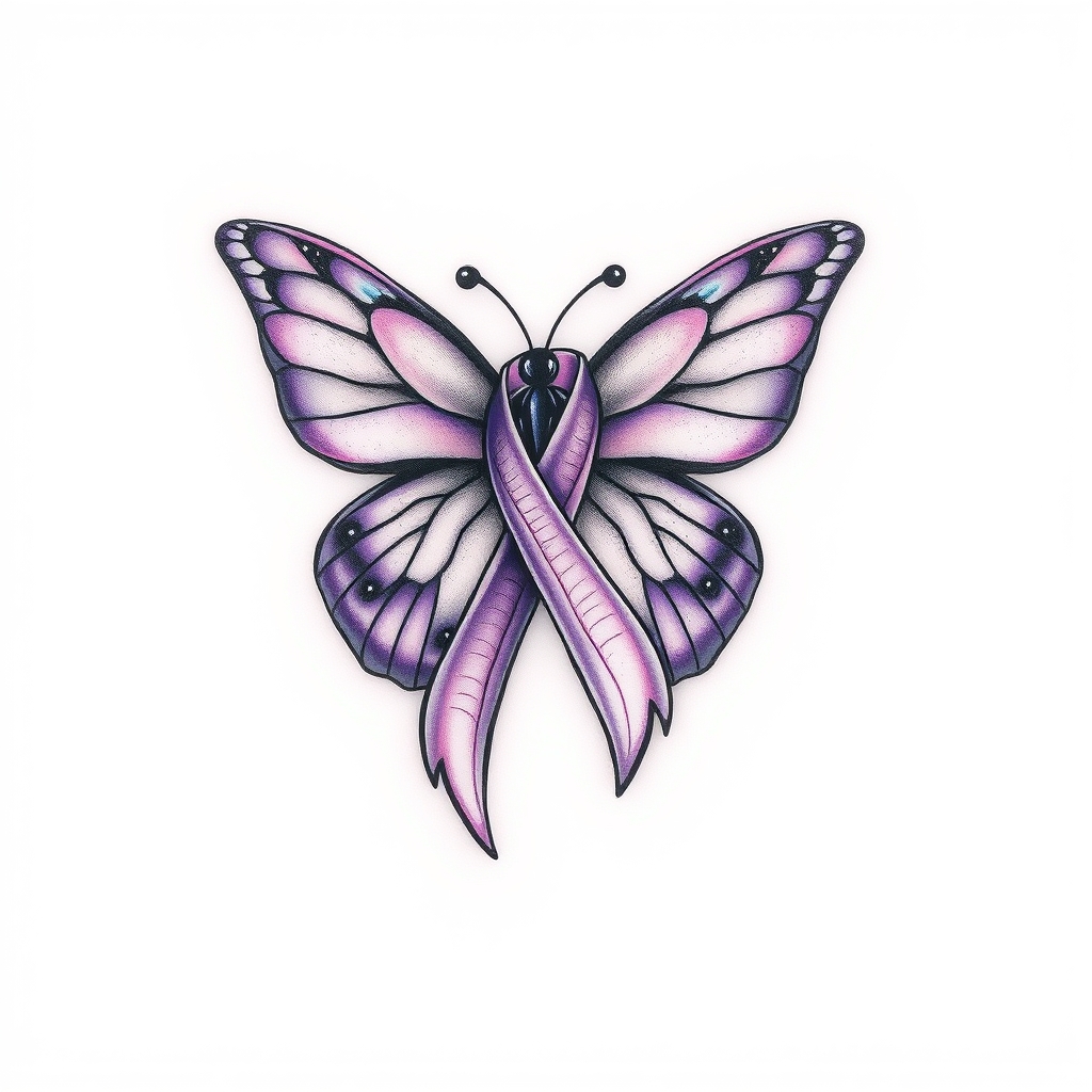 A tattoo design of  crying with the domestic awareness ribbon with a purple butterfly entwined together in the style of traditional. - mental health awareness tattoo design generated by AI tattoo generator