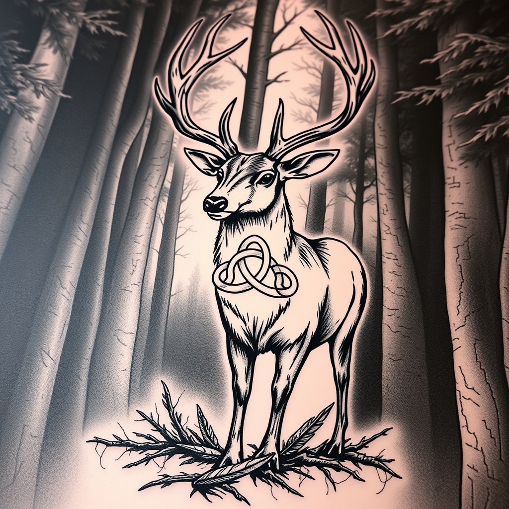 A tattoo design of Manly tattoo - A majestic Stag with Celtic symbolism - Triskeles, tiple celtic knots Positioned in a dense Irish Forest. There is also some smaller details e.g. thorny branches, fallen feathers. looking to symbolise growth, and strength following periods of shame, regret and a mental health issues following a difficult time in my life. in the style of realistic. - animal wildlife tattoo design generated by AI tattoo generator
