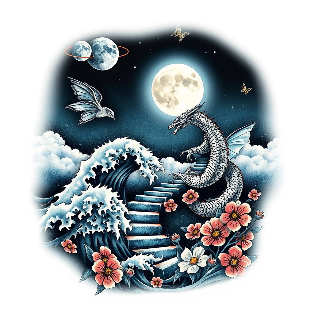 A tattoo design of aves, meets mc escher stairway folding into itself in the sky , the cresting waves turn into dragons, the dragons turn into butterflies and the butterflies turn into flowersin a night scene with the white glowing, with geometric glowing hexagram shaped planets in the sky moon , halfway full, the pale light splashing on the clouds that swirl mimicking the waves and the waves mimic the steady wind, the creating waves turm into dragons and the dragons into flowers in the style of surrealistic. - mythical creatures tattoo design generated by AI tattoo generator