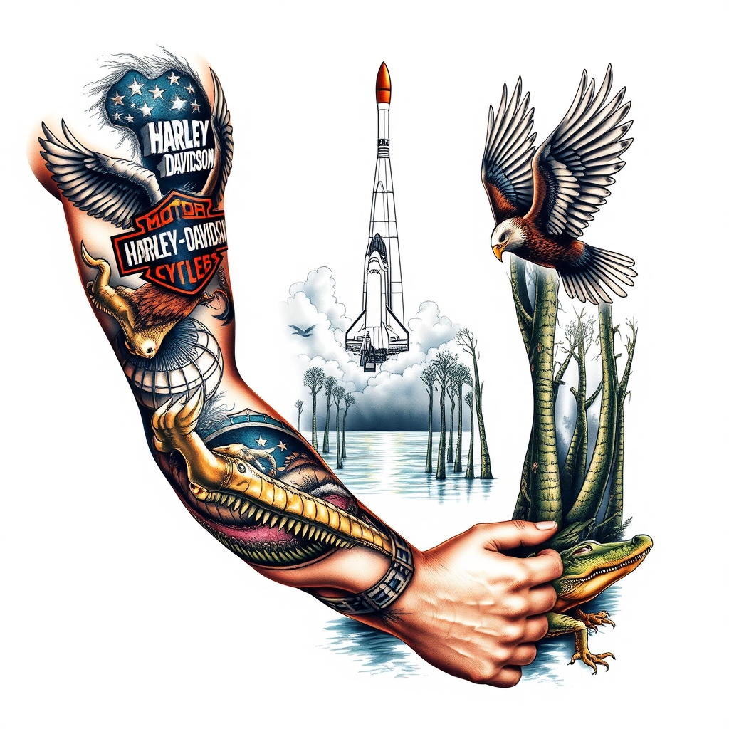 A tattoo design of Right arm full sleeve with the upper containing Harley Davidson theme with eagles mixed with the lower of Florida cypress swamp theme with alligator and space shuttle launch in the background  in the style of realistic. - motorcycle wildlife space travel tattoo design generated by AI tattoo generator