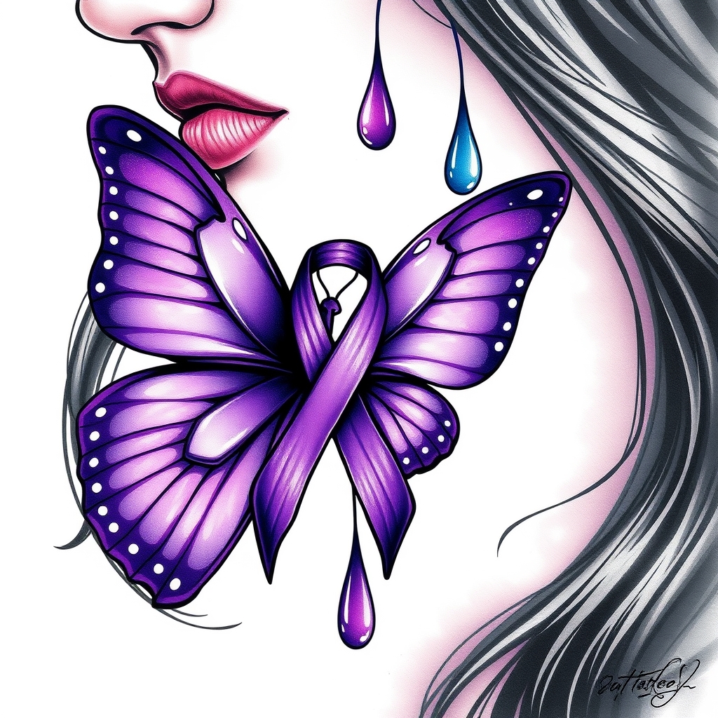 A tattoo design of A tear running down a woman's face with a domestic violence ribbon and a purple butterfly entwined together in the style of abstract. - domestic violence awareness tattoo design generated by AI tattoo generator