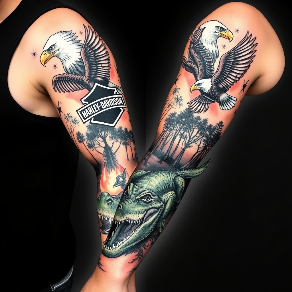 A tattoo design of Right arm full sleeve with the upper containing Harley Davidson theme with eagles mixed with the lower of Florida cypress swamp theme with alligator and space shuttle launch in the background  in the style of realistic. - motorcycle and wildlife tattoo design generated by AI tattoo generator