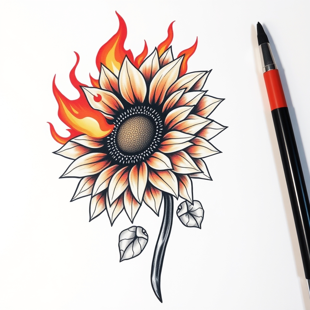 A tattoo design of A sunflower with fire  in the style of geometric. - flowers and fire tattoo design generated by AI tattoo generator