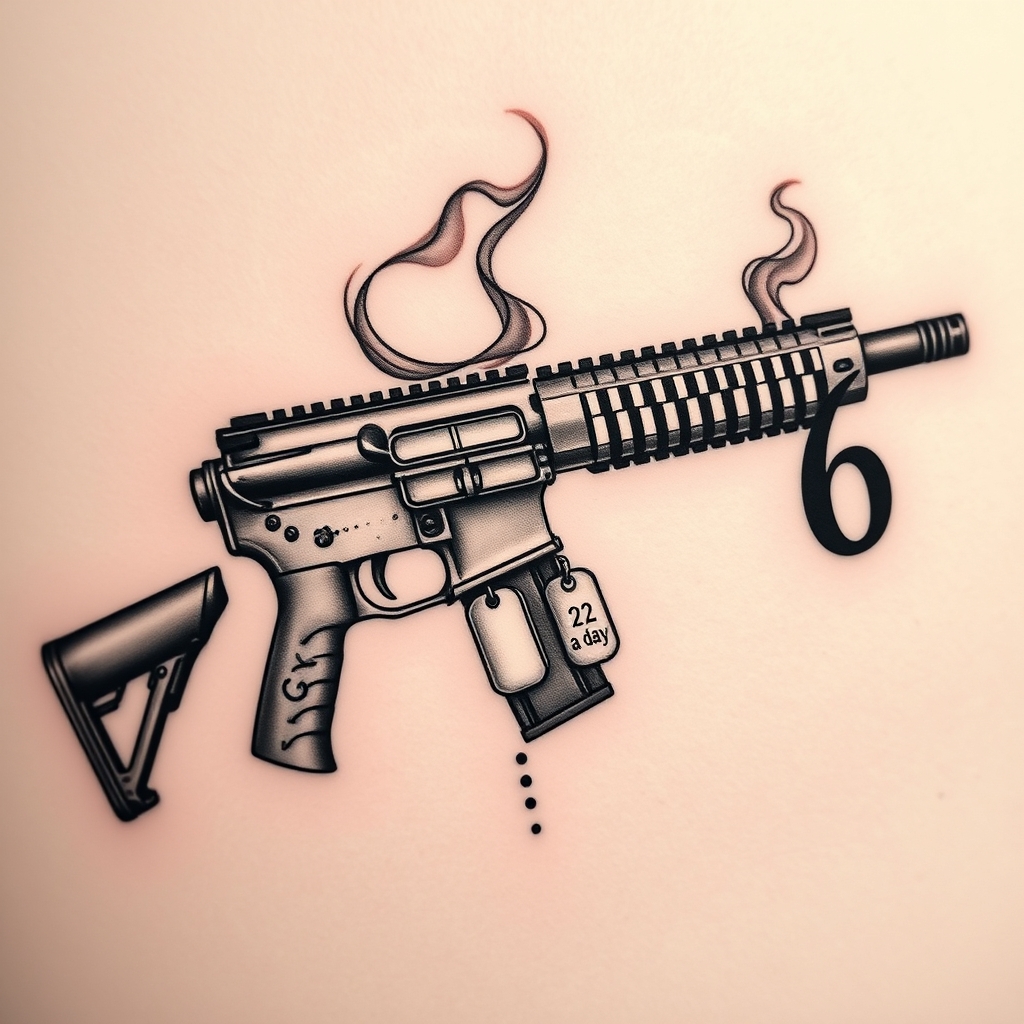 A tattoo design of Vertical M4 Carbine with detailed barrel, tactical rail, and collapsible stock Dense, curling smoke rising from the barrel, drifting around the rifle and weaving through the IGY6 lettering Bold, vertical “IGY6” aligned beside the rifle, smoke integrated Two dog tags hanging mid-stock, one engraved with “22 a day” in military-style font Subtle semicolon (";") positioned directly under the “6,” nestled beneath the dog tags in the style of realistic. - firearm memorial tattoo design generated by AI tattoo generator