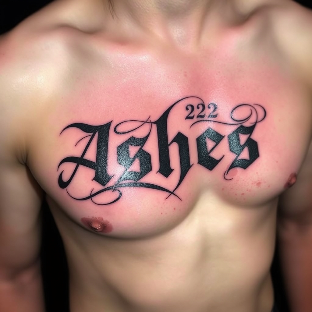 A tattoo design of Words "Ashes 222 Ashes" on left pectoralis in the style of abstract. - text design tattoo design generated by AI tattoo generator