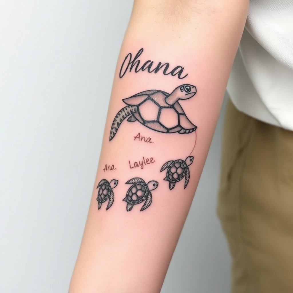 A tattoo design of I want a custom forearm tattoo featuring a momma sea turtle and three baby turtles, inspired by the characters from Finding Nemo—cute, rounded, with expressive features. At the top of the design, near my elbow, I want the word ‘Ohana’ in a script that curves around my arm slightly. The momma turtle will lead the way, and behind her, the three baby turtles will swim in a flowing line toward my wrist. I’d like a stream of water that weaves between and around all the turtles to connect them, giving it movement and a sense of journey. The names Ana, Logan, and Baylee should be placed just beside each baby turtle—not on the shells—and written in a delicate script font. For colors, I prefer a limited palette: muted seafoam and olive greens for the turtles, light teal or watercolor blue for the stream, and sandy beige or soft gray for the names and ‘Ohana.’ The overall style should feel soft and elegant with fine lines, but still playful like the turtles in Finding Nemo. It should flow naturally with the shape of my right forearm.” in the style of abstract. - sea turtles tattoo design generated by AI tattoo generator