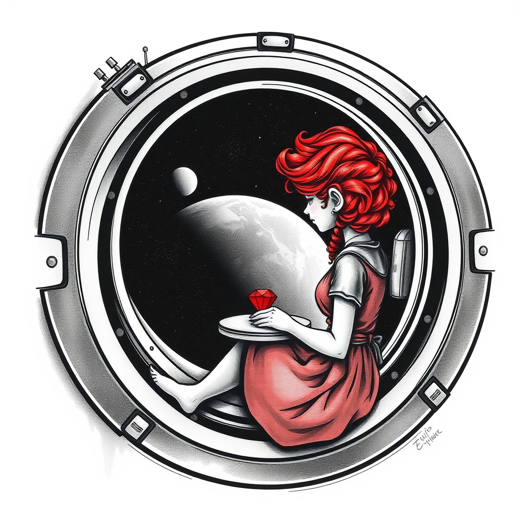 A tattoo design of Black and grey style. Redhead girl with curly hair sitting in a small space capsule alone. Floating through space with nothing to keep her company but a thing red ruby which she keeps on the small table by the porthole window. They are both sitting by the window peering out on an unknown planet. in the style of realistic. - space adventure tattoo design generated by AI tattoo generator