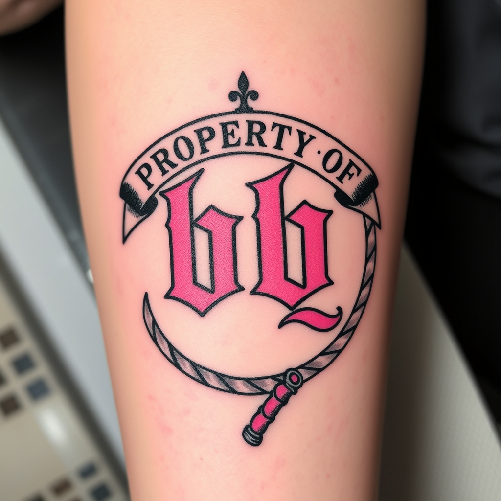 A tattoo design of Cuckold symbol. Black and pink are the colors. Name is bb. Spells "PROPERTY OF MQ". A whip is shown. in the style of traditional. - bdsm fetish tattoo design generated by AI tattoo generator