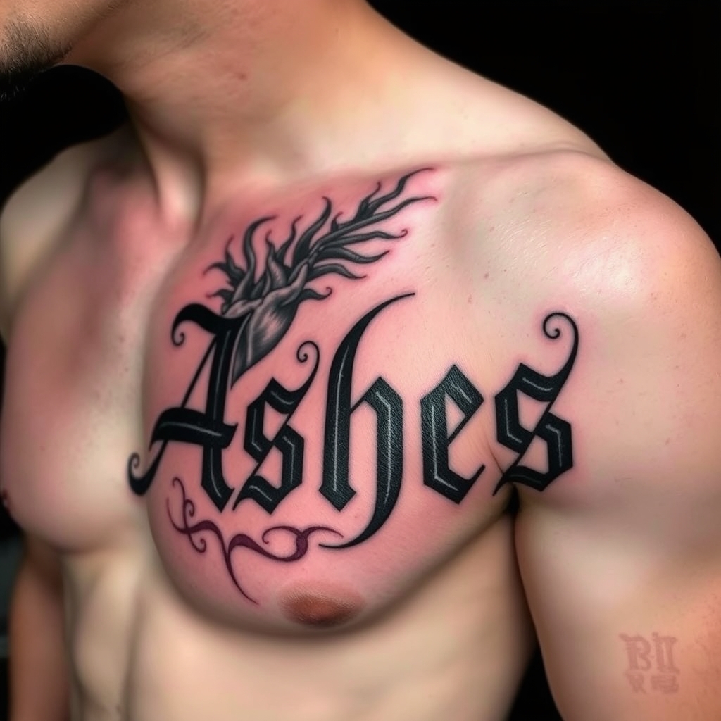 A tattoo design of Words "Ashes 222 Ashes" on left pectoralis in the style of surrealistic. - text tattoo design generated by AI tattoo generator