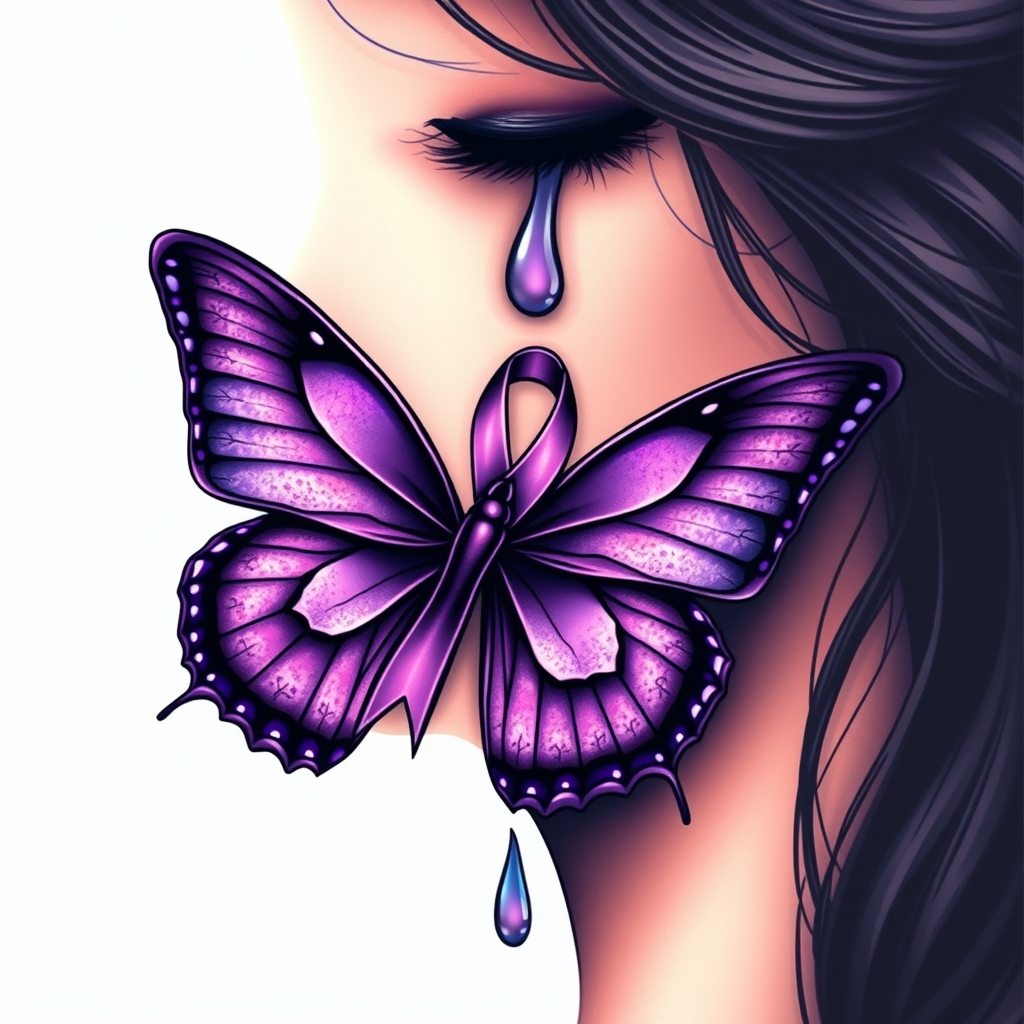 A tattoo design of A tear running down a woman's face with a domestic violence ribbon and a purple butterfly entwined together in the style of surrealistic. - domestic violence awareness tattoo design generated by AI tattoo generator