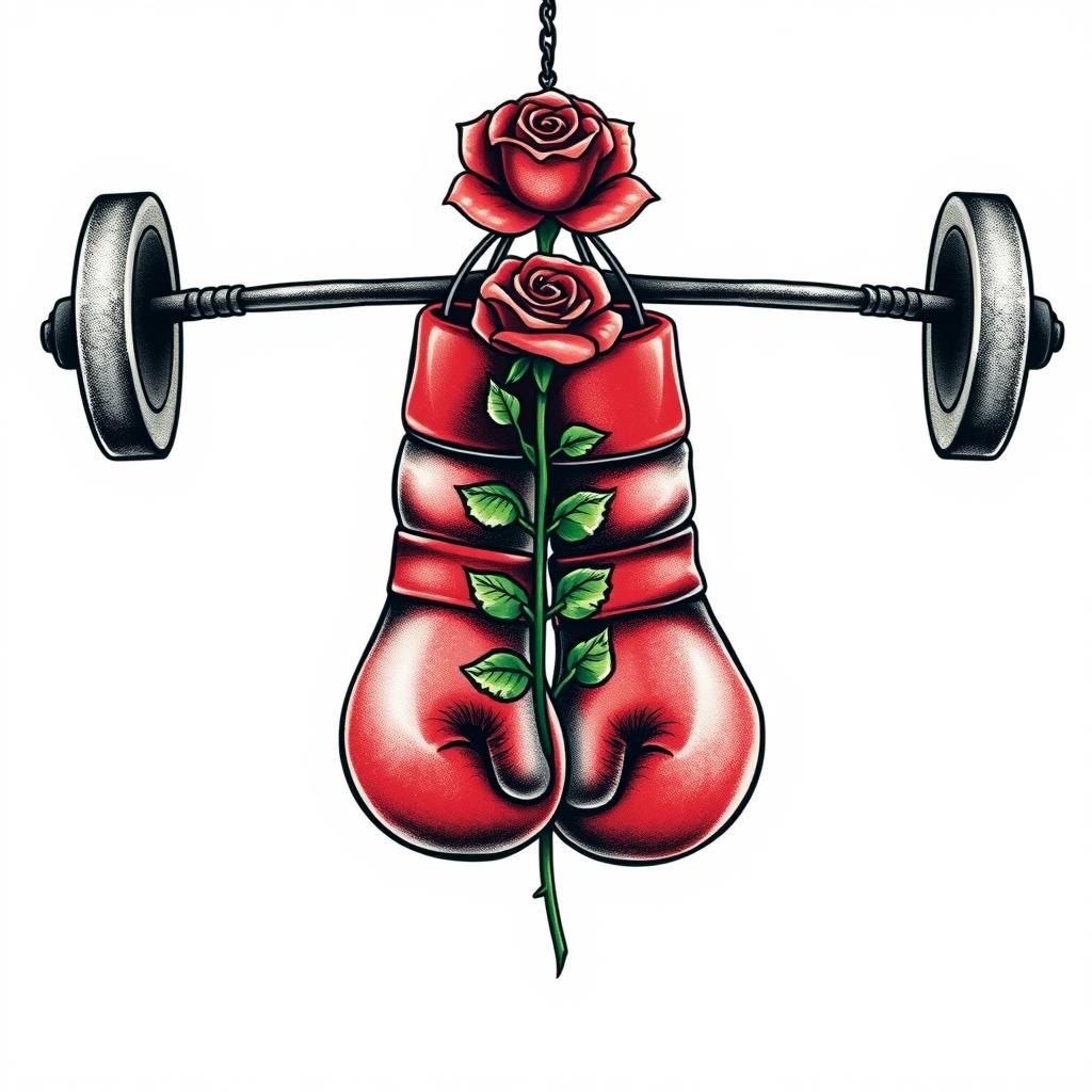 A tattoo design of Pair of boxing gloves hanging on a barbell with a single rose in the style of realistic. - sports equipment tattoo design generated by AI tattoo generator