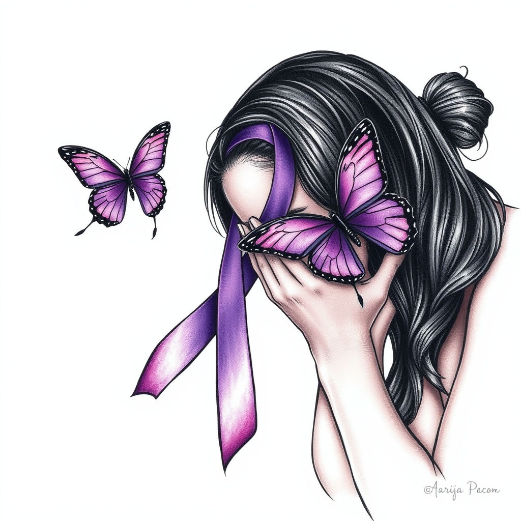 A tattoo design of Domestic violence ribbon awareness inclined together with a purple butterfly as a women hunched over her hands overing her face in the style of realistic. - domestic violence awareness tattoo design generated by AI tattoo generator