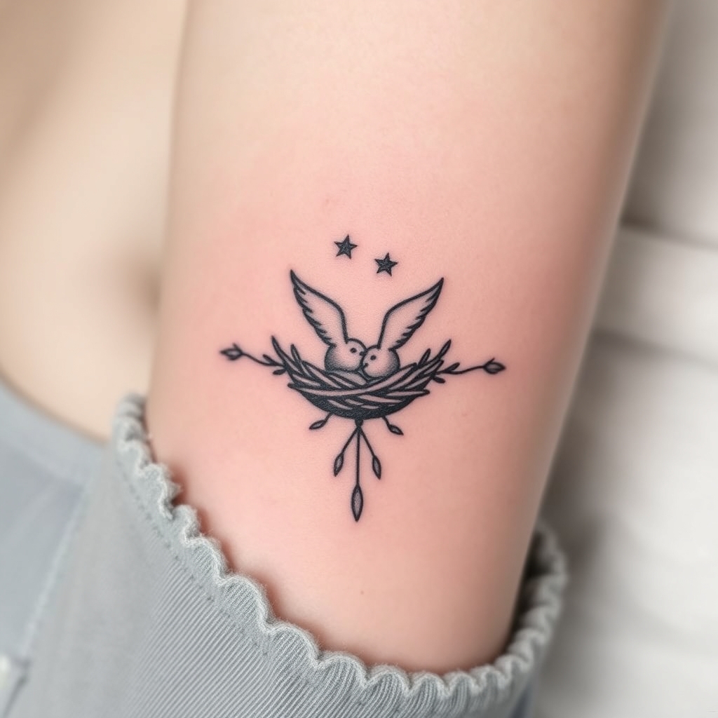 A tattoo design of Let’s combine elements into a custom, symbolic tattoo just for you — a mom of two boys, deeply connected, now experiencing the journey of an empty nest — symbolizing your sons having flown, but always part of the home you created. in the style of minimalist. - family life tattoo design generated by AI tattoo generator