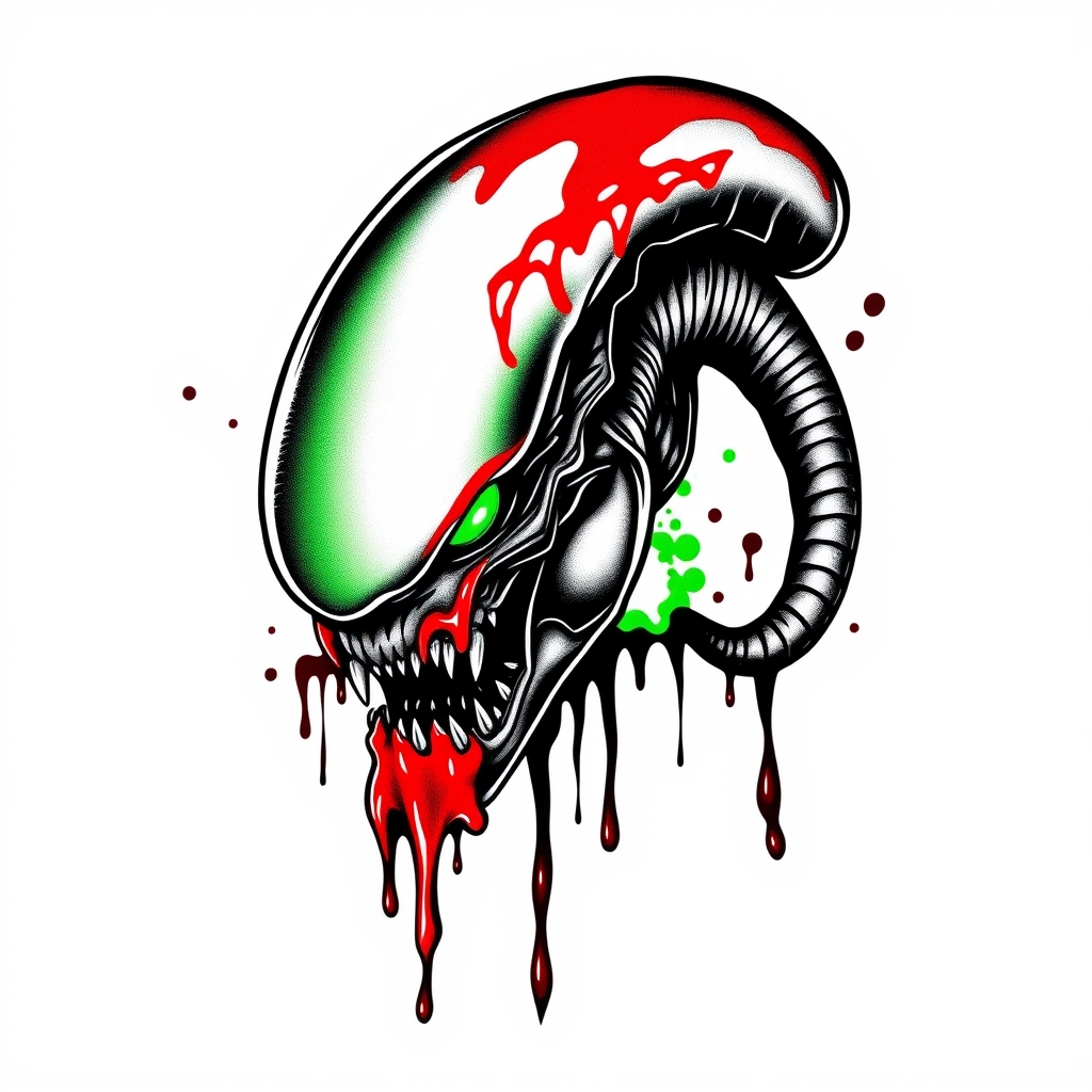 A tattoo design of Xenomorph head with blood And green acid in the style of blackwork. - alien creature tattoo design generated by AI tattoo generator
