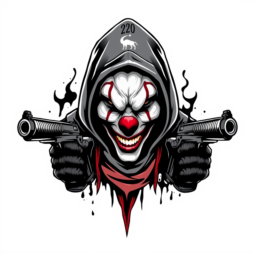 A tattoo design of 220 logo clownface guns and hood in the style of realistic. - cartoon character tattoo design generated by AI tattoo generator