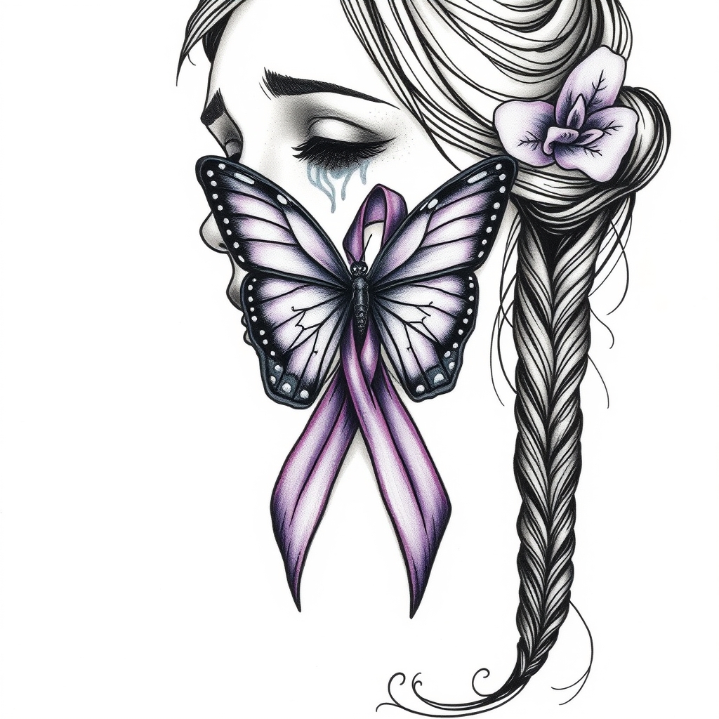 A tattoo design of A woman crying with the domestic awareness ribbon with a purple butterfly entwined together in the style of blackwork. - domestic awareness tattoo design generated by AI tattoo generator