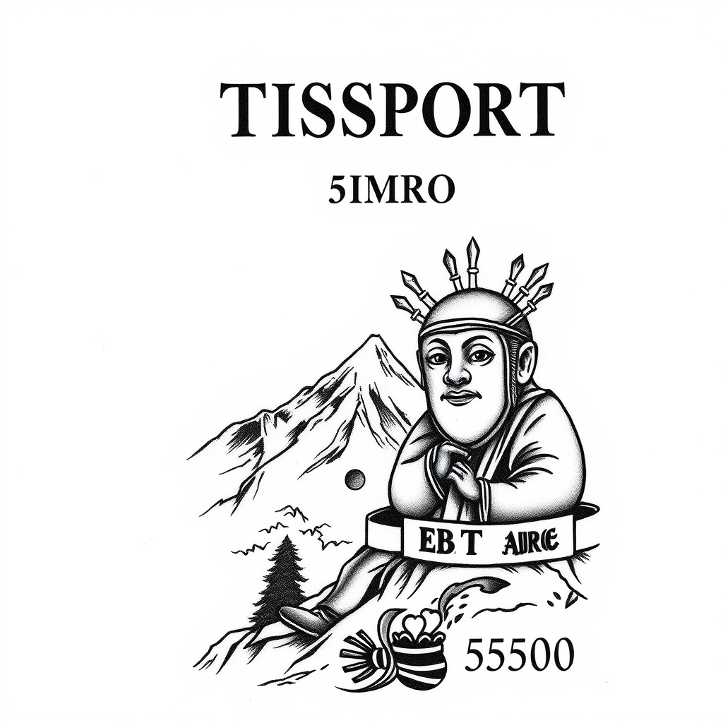 A tattoo design of timbro di passaporto con scritto EBC TIBET 5200 m sfondo della montagna, un monaco, bandierine tibetane e sfondo del timbro una maschera tibetana in the style of minimalist. - mountain adventure tattoo design generated by AI tattoo generator