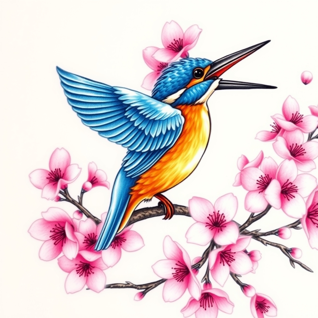 A tattoo design of Flying blue and orange kingfisher suroounded by large quantity of pink cherry blossoms in the style of realistic. - nature birds flowers tattoo design generated by AI tattoo generator