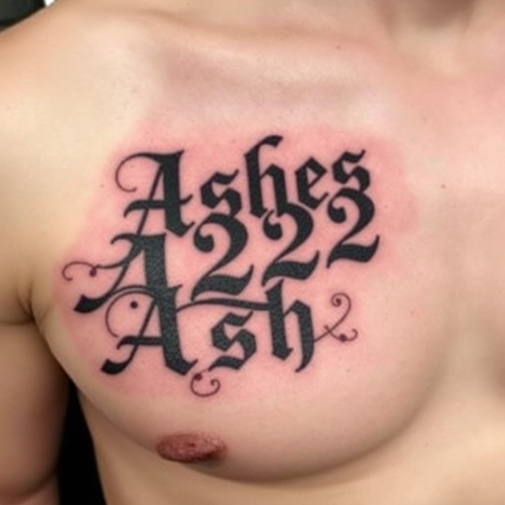A tattoo design of Words "Ashes 222 Ashes" on left pectoralis in the style of traditional. - words and numbers tattoo design generated by AI tattoo generator