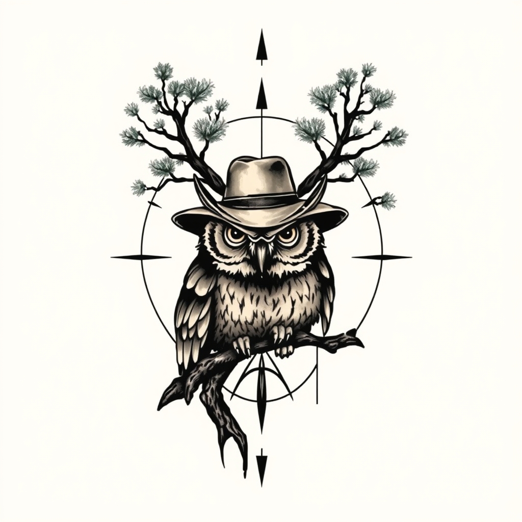 A tattoo design of Slim dusty hat owl compass gum tree in the style of abstract. - australian wildlife tattoo design generated by AI tattoo generator