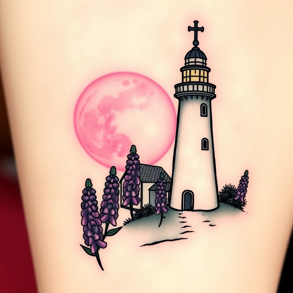 A tattoo design of Chapel and a lighthouse beside it with a pink moon an purple lupines in the style of traditional. - landmarks and nature tattoo design generated by AI tattoo generator
