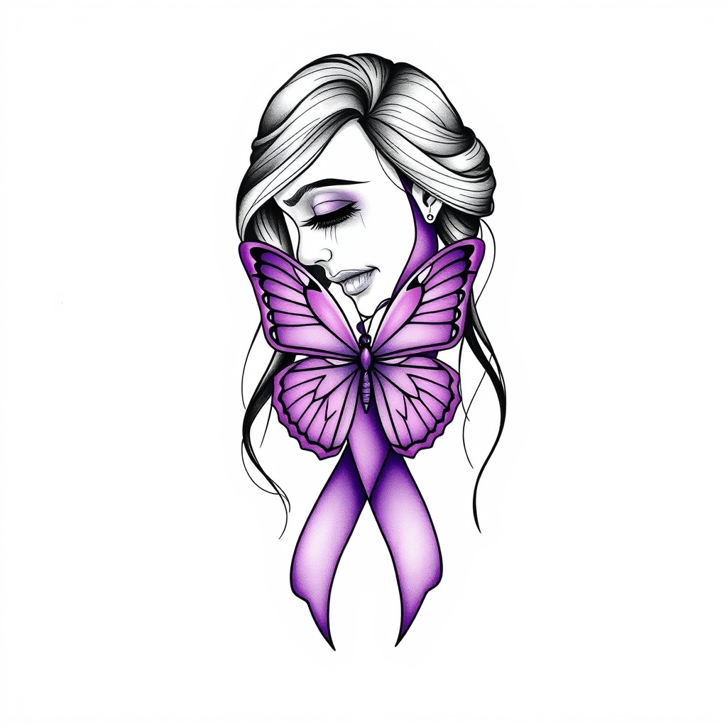 A tattoo design of A woman crying with the domestic awareness ribbon with a purple butterfly entwined together in the style of geometric. - woman with ribbon and butterfly tattoo design generated by AI tattoo generator