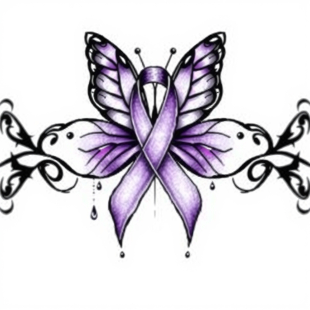 A tattoo design of  crying with the domestic awareness ribbon with a purple butterfly entwined together in the style of blackwork. - awareness ribbon tattoo design generated by AI tattoo generator