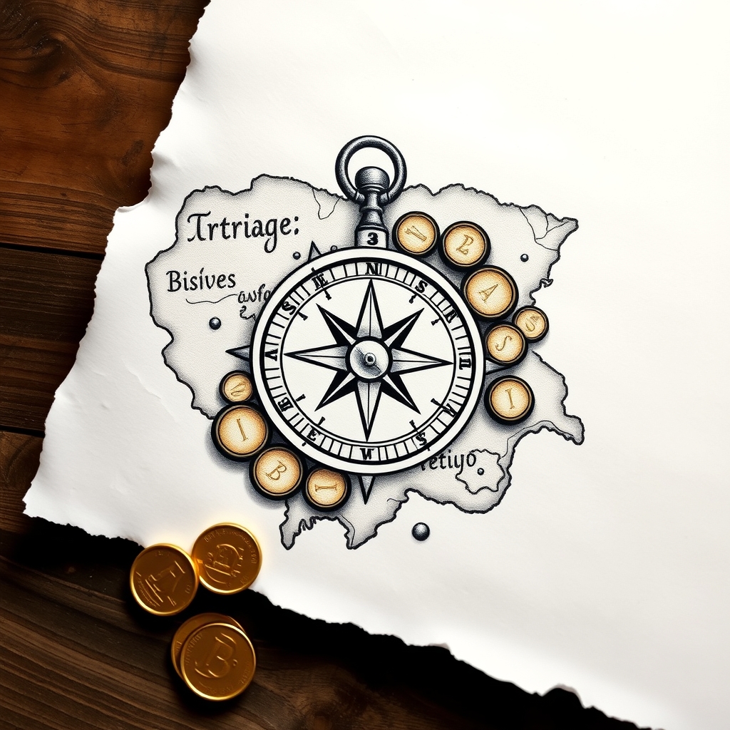 A tattoo design of b/w compass on old treasure map around gold coins on white paper in the style of realistic. - nautical navigation tattoo design generated by AI tattoo generator