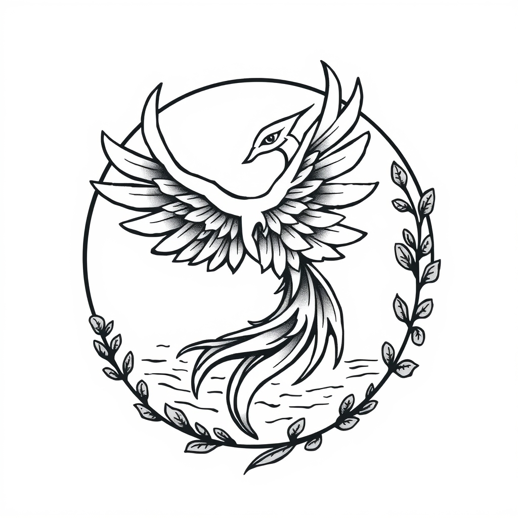 A tattoo design of Phoenix representing transformation and power 🌿 Garland vine adding growth, connection, and organic beauty 🌊 Water ripples symbolizing peace, renewal, and emotional flow 🎨 All unified in a clean, bold-lined circular band — timeless and wearable in the style of realistic. - mythical creature tattoo design generated by AI tattoo generator
