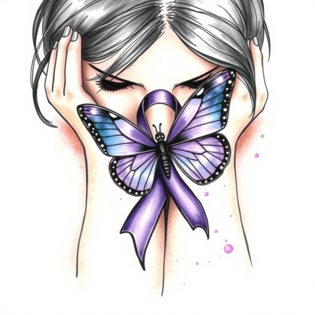 A tattoo design of Domestic violence ribbon awareness inclined together with a purple butterfly as a women hunched over her hands overing her face in the style of watercolor. - domestic violence awareness tattoo design generated by AI tattoo generator