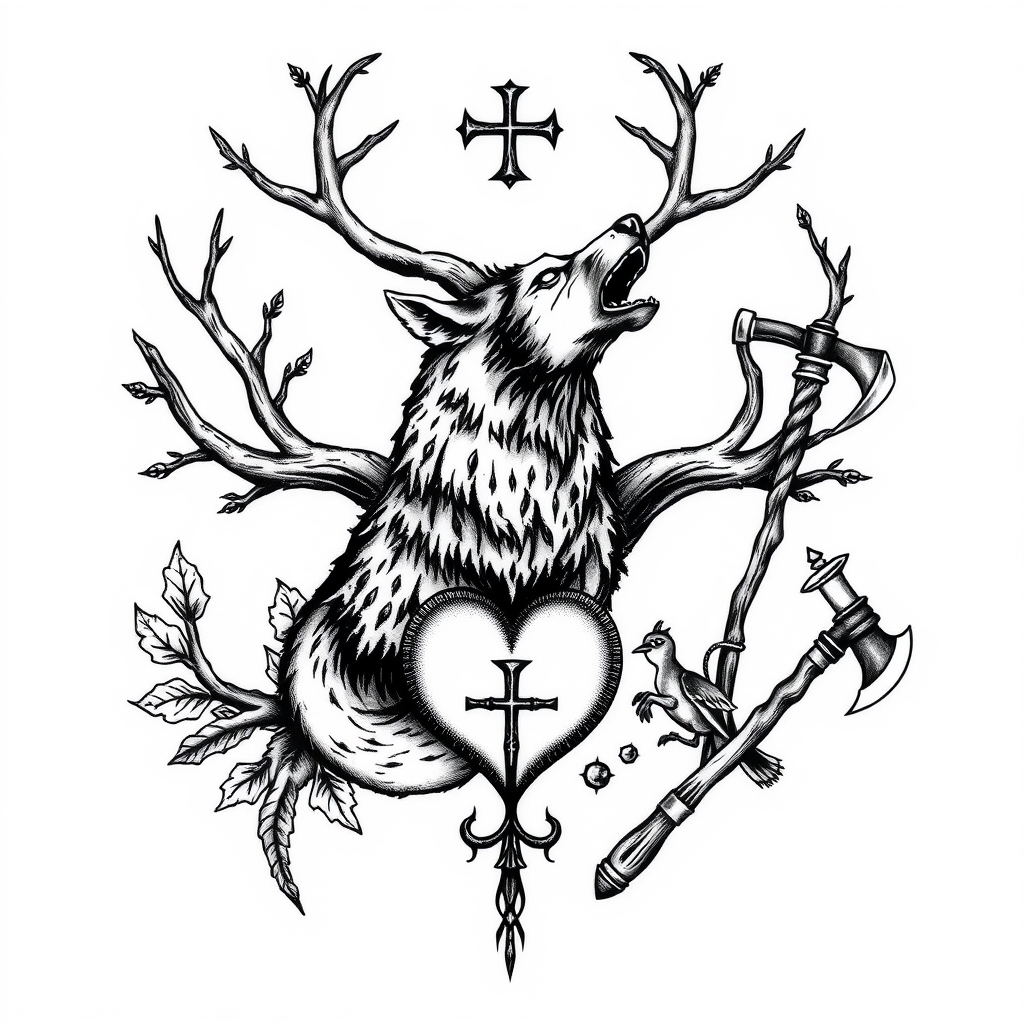 A tattoo design of Ranke , Lebensbaum , Wolf, Rabe , Fledermaus , Herzbruch , Schild , axt in the style of blackwork. - mythical creatures symbols tattoo design generated by AI tattoo generator