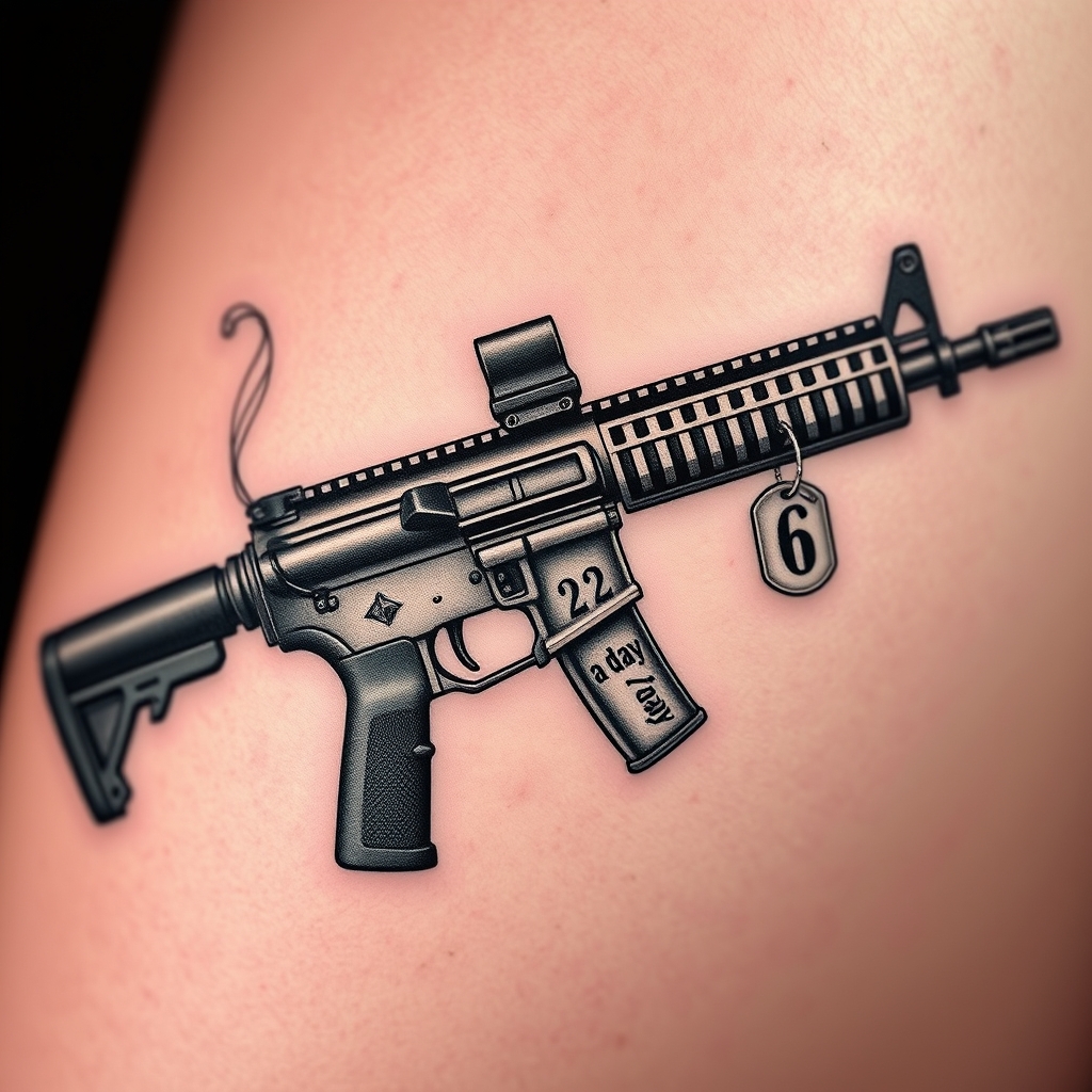 A tattoo design of Vertical M4 Carbine with detailed barrel, tactical rail, and collapsible stock Dense, curling smoke rising from the barrel, drifting around the rifle and weaving through the IGY6 lettering Bold, vertical “IGY6” aligned beside the rifle, smoke integrated Two dog tags hanging mid-stock, one engraved with “22 a day” in military-style font Subtle semicolon (";") positioned directly under the “6,” nestled beneath the dog tags in the style of realistic. - gun rifle memorial tattoo design generated by AI tattoo generator