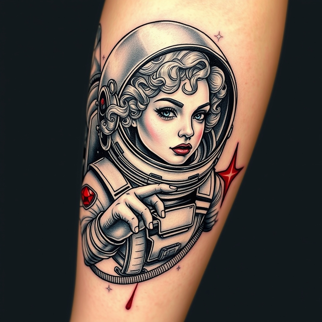 A tattoo design of Photorealistic black and grey space themed tattoo of light curly-haired female traveling through space. A bright red ruby, being the only color in yhe tattoo, shines red on her space suit. Include a Houston, Texas reference if possible.  in the style of surrealistic. - space travel tattoo design generated by AI tattoo generator