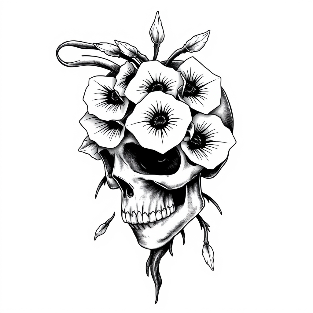 A tattoo design of  foxglove flowers in black and white in a skull in the style of realistic. - skull flowers tattoo design generated by AI tattoo generator