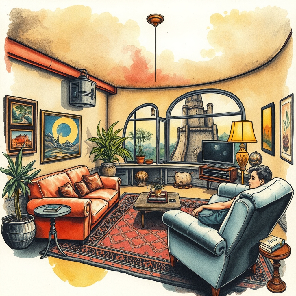 A tattoo design of A livingroom, retrofuturism, by Frank Frazetta in the style of watercolor. - retro futurism tattoo design generated by AI tattoo generator