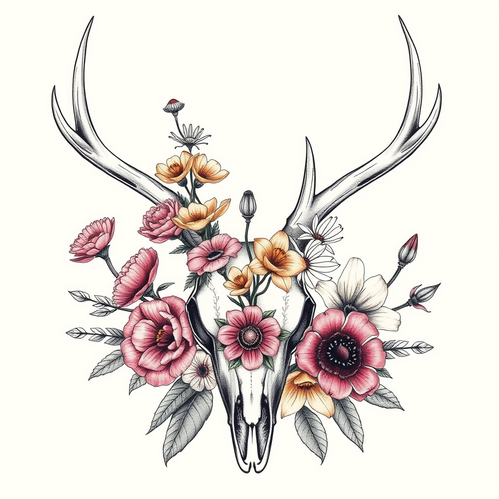 A tattoo design of a tattoo sketch of carnations, crocus, orchids, lilies and buffalo bean flowers arranged in the shape of a deer skull in the style of realistic. - floral design tattoo design generated by AI tattoo generator