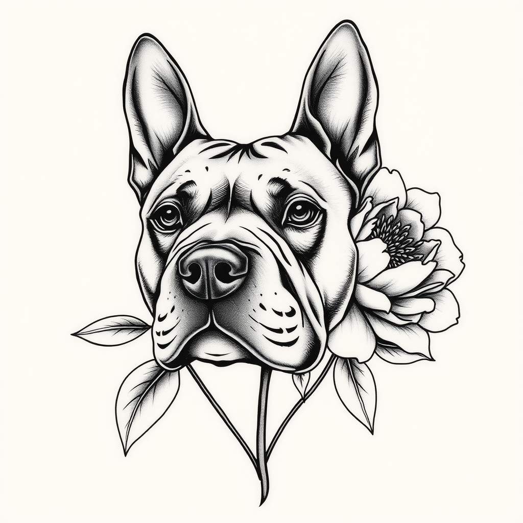 A tattoo design of Face of a pitbull with upright ears in the middle of a single blooming peony. Fine line and realistic, black and white in the style of realistic. - animal flower tattoo design generated by AI tattoo generator