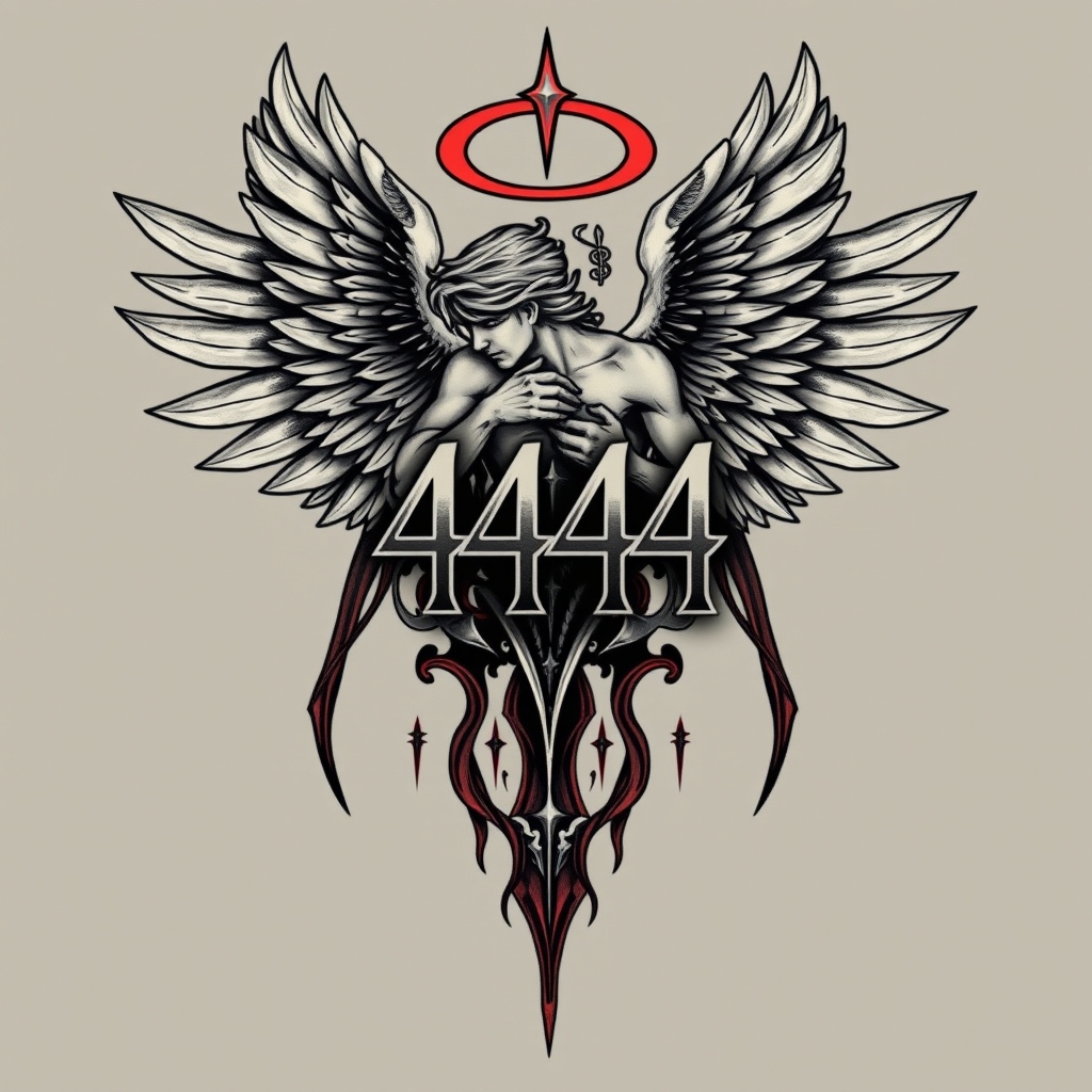 A tattoo design of Masculine angel with the number 444 in the style of surrealistic. - angels tattoo design generated by AI tattoo generator