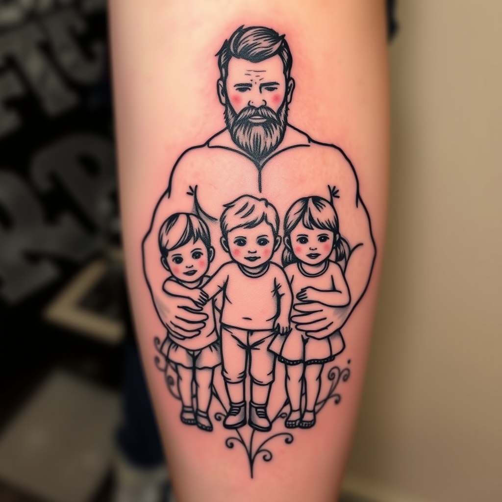 A tattoo design of A father protecting his 3 kids in the style of blackwork. - family scene tattoo design generated by AI tattoo generator